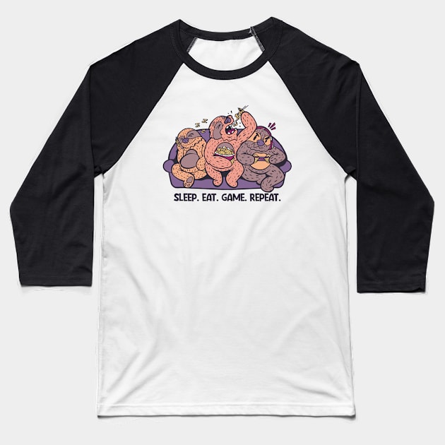 Sleep Eat Game Repeat // Funny Cartoon Sloths on the Couch Baseball T-Shirt by SLAG_Creative